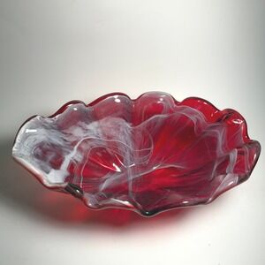 Murano Glass‎ Bowl Red Swirl Art Glass Dish Hand Blown Italian Centerpiece 10"